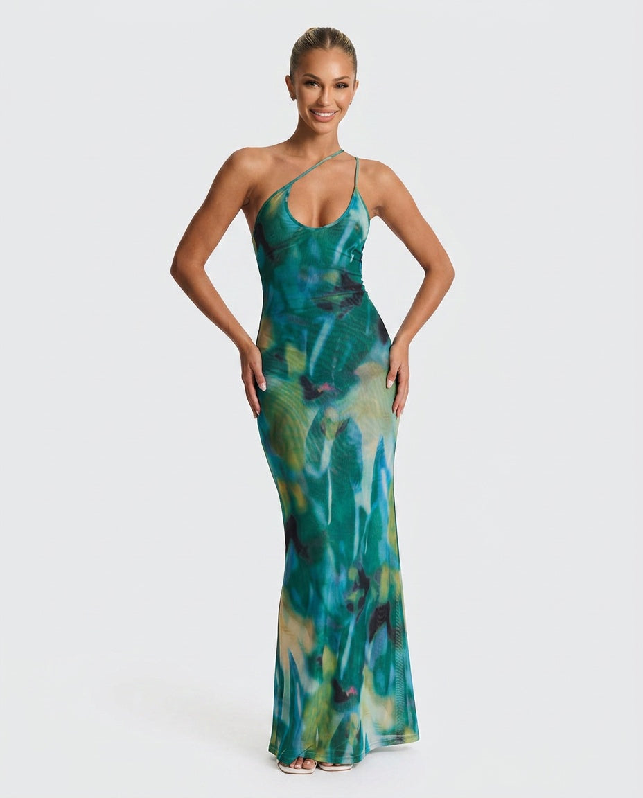 Imogen | Sleeveless Abstract Print Mesh Maxi Dress