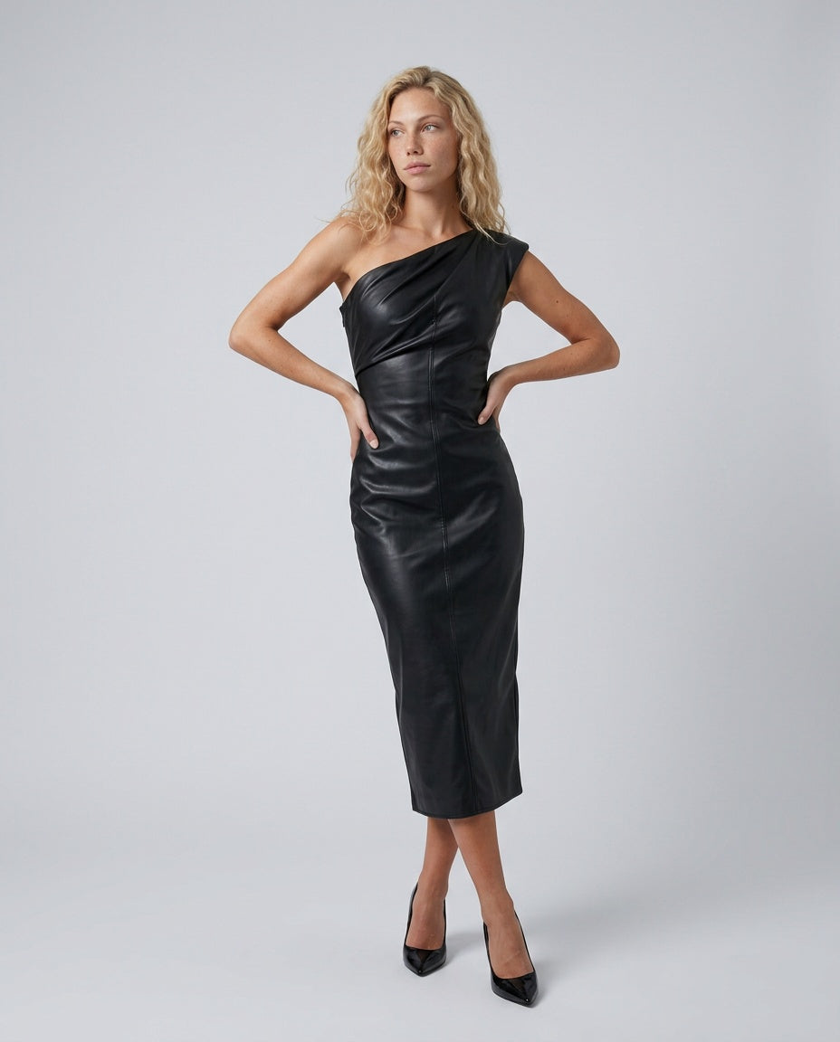 Imogen | Glossy Faux Leather Black Midi Dress