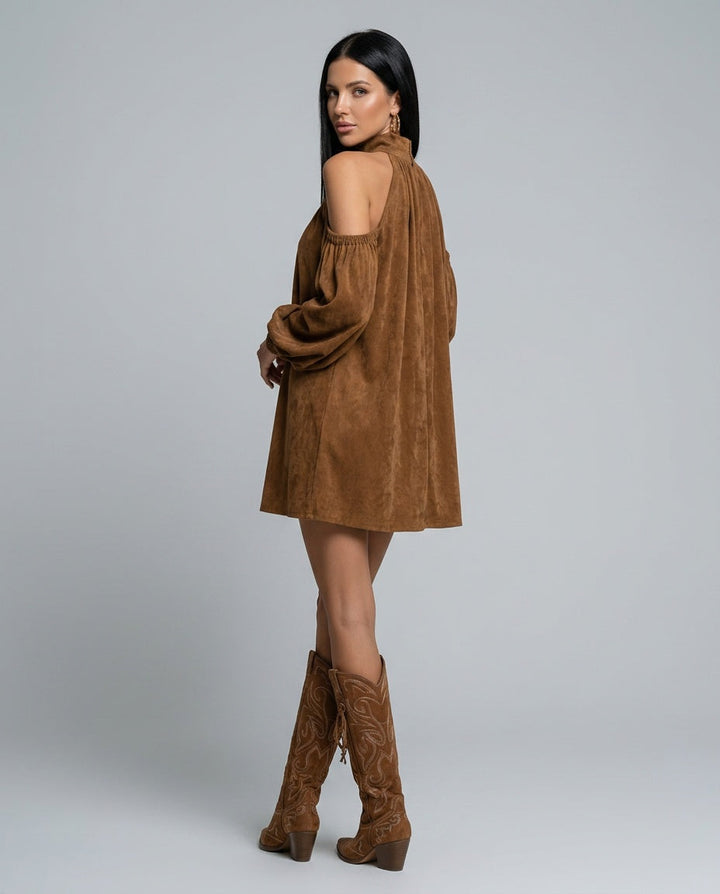 Sienna | Faux Suede Halter Mini with Lantern Sleeves