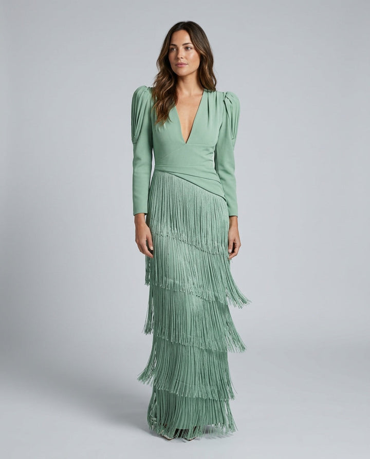 Vera | Fringe Detail Long Sleeve Maxi Dress