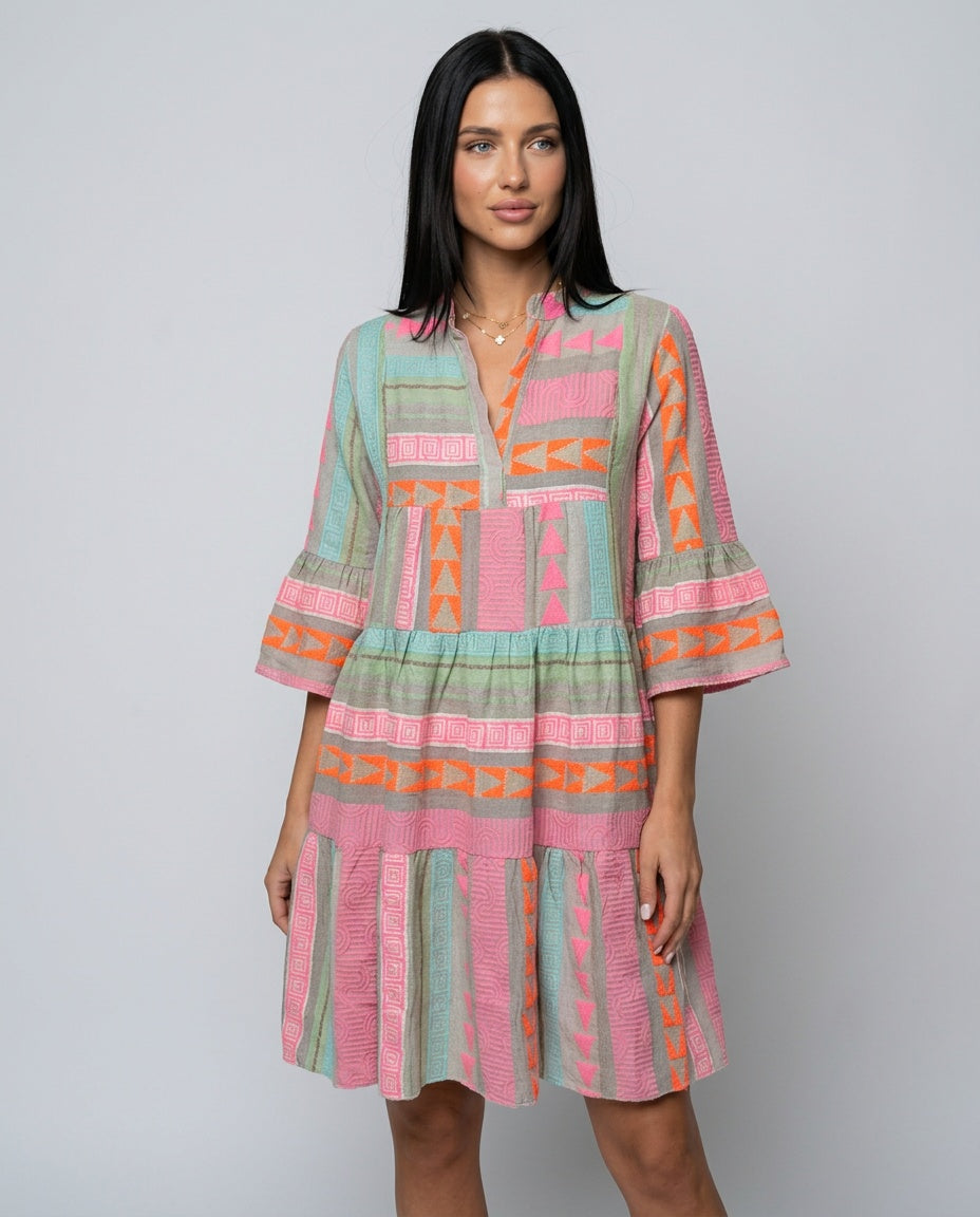 Darya | Patchwork Print Three-Quarter Sleeve Mini Dress