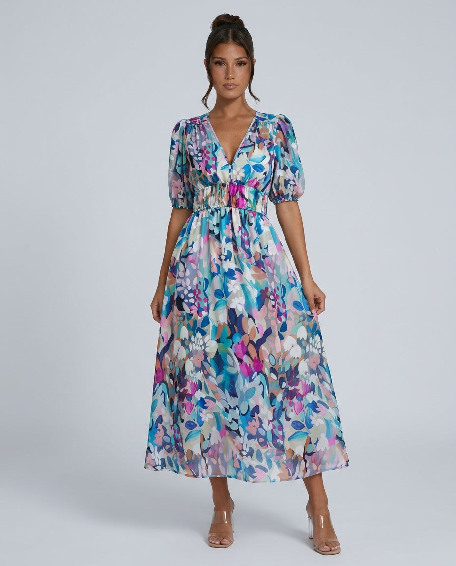 Dahlia | Floral Puff Sleeve Party Midi Dress