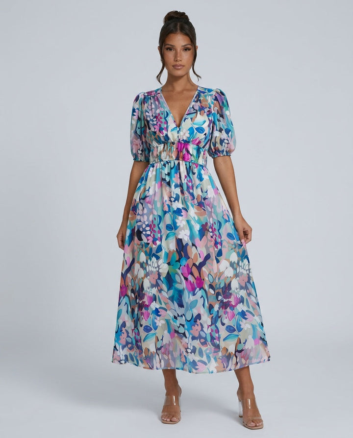 Dahlia | Floral Puff Sleeve Party Midi Dress