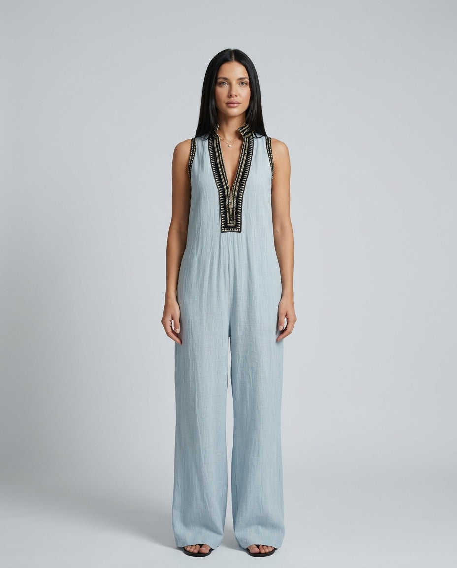 Harlow | Linen Blend Sleeveless Jumpsuit With Embroidery