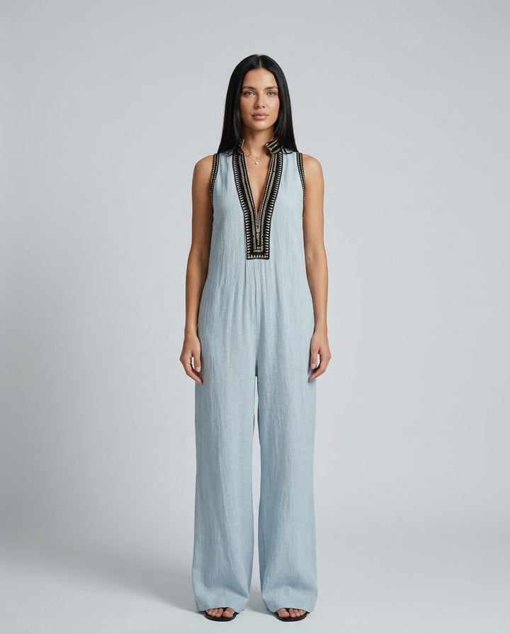 Harlow | Linen Blend Sleeveless Jumpsuit With Embroidery