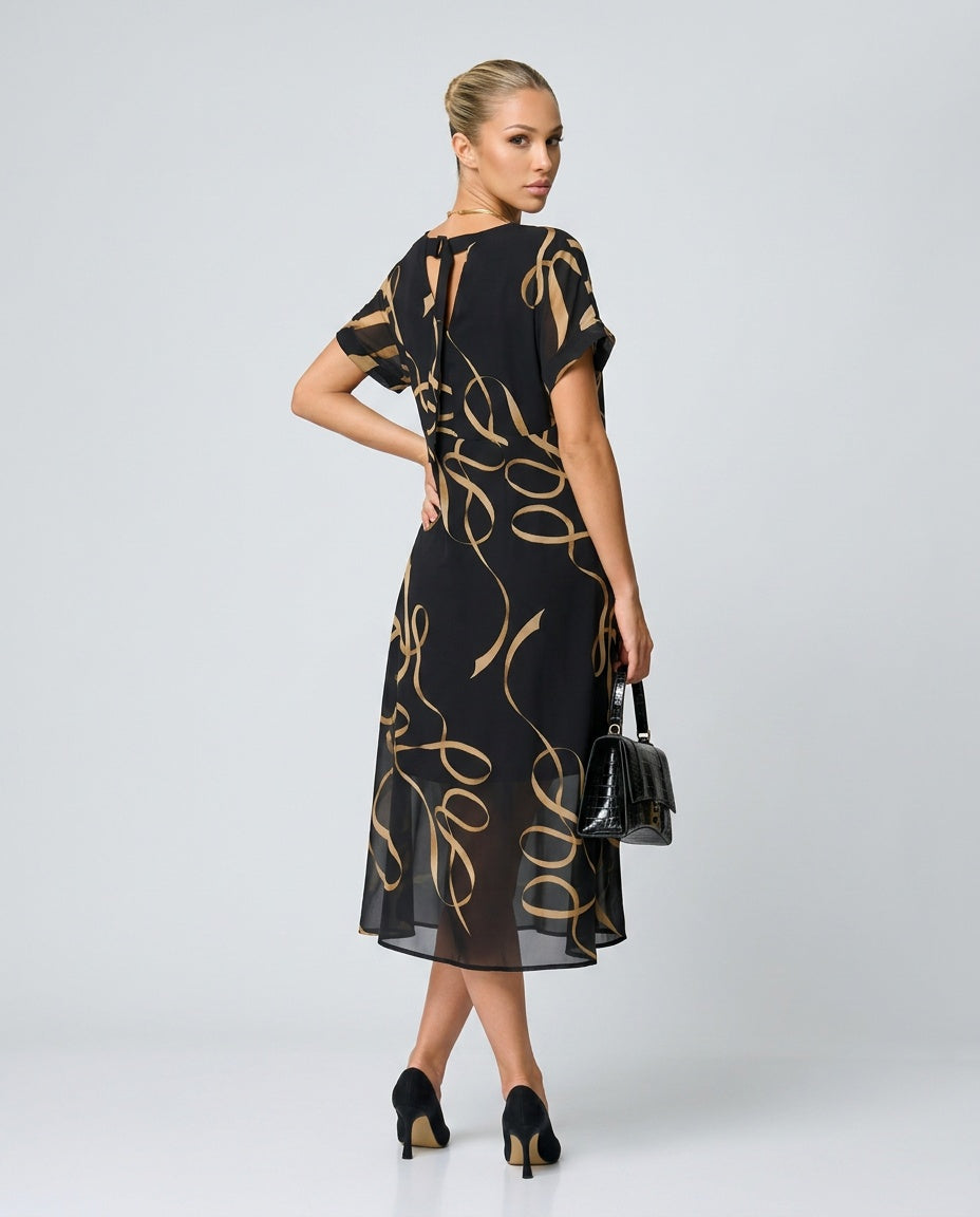Tessa | V-Neck Bat-Sleeve Bow Print Midi Dress