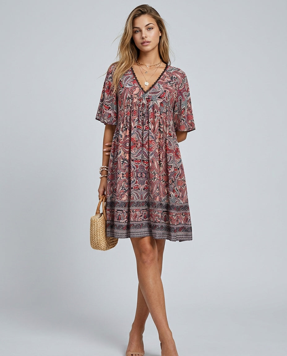 Giselle | V-Neck Flared Sleeve Paisley Mini Dress