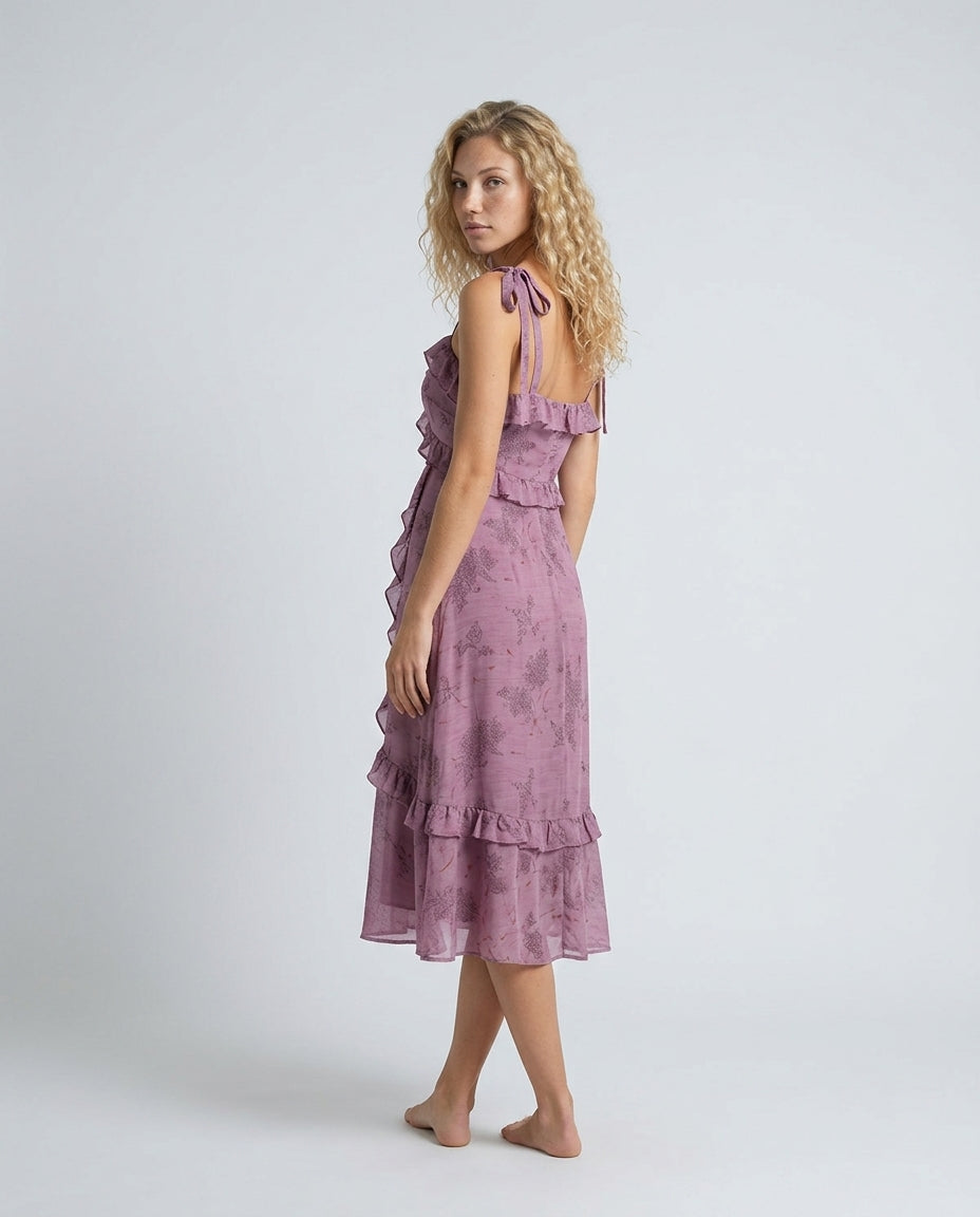 Violette | Floral Ruffle Tie Strap Midi Dress