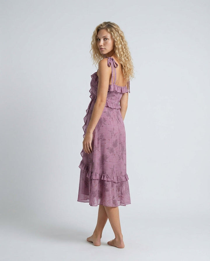 Violette | Floral Ruffle Tie Strap Midi Dress