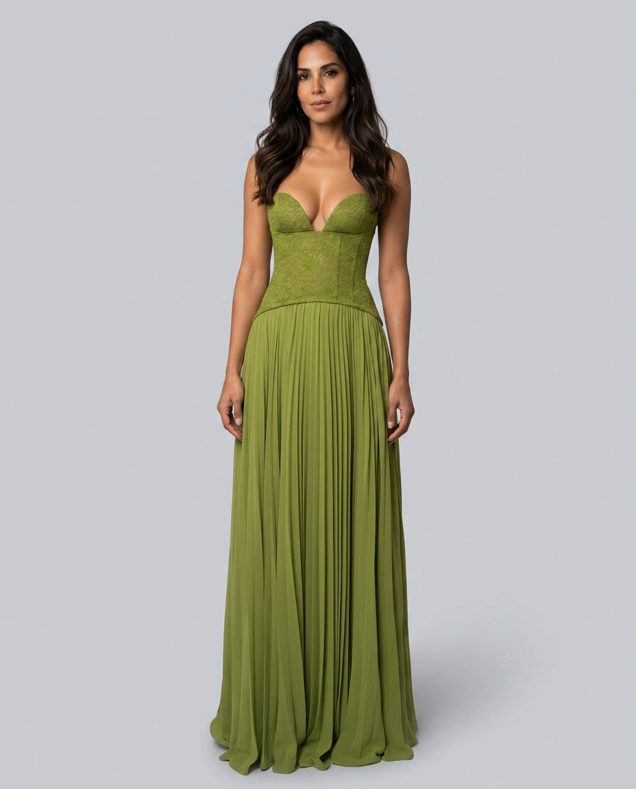 Zara | Sweetheart Lace Splicing Pleated Maxi Dress