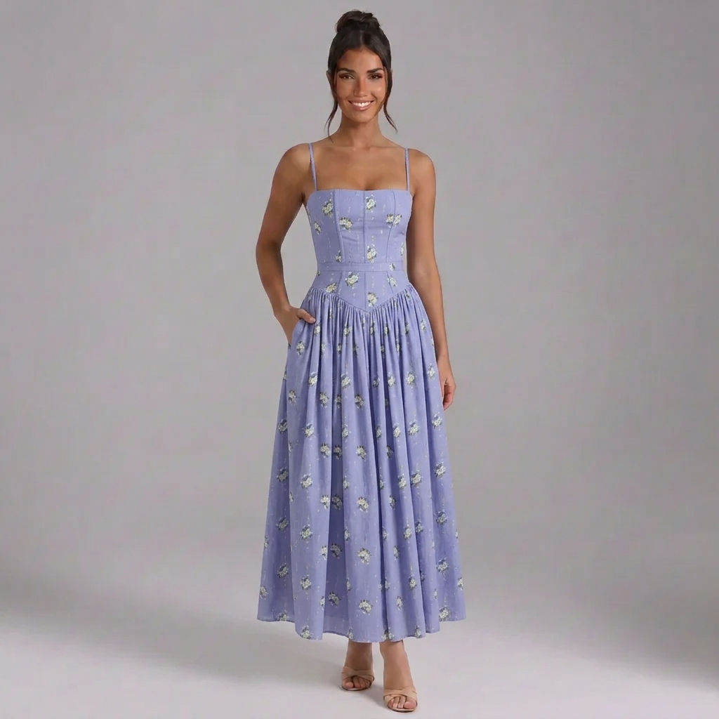 Elowen | Square-Neck Corset-Waist Maxi Dress with Pockets