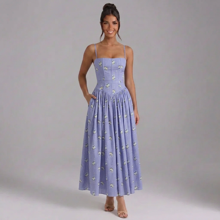Elowen | Square-Neck Corset-Waist Maxi Dress with Pockets