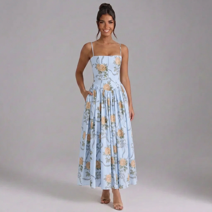 Elowen | Square-Neck Corset-Waist Maxi Dress with Pockets