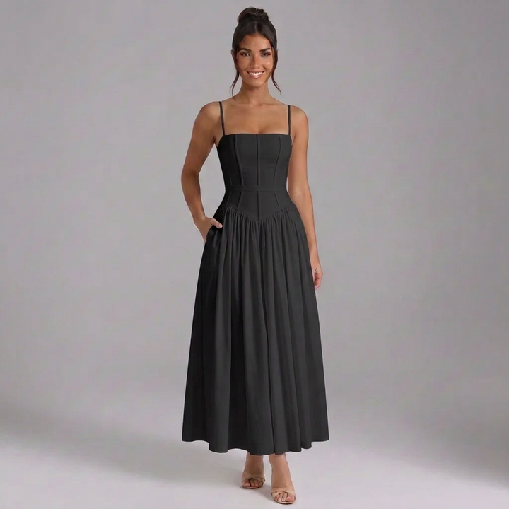 Elowen | Square-Neck Corset-Waist Maxi Dress with Pockets