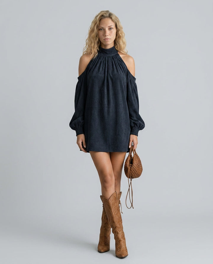 Sienna | Faux Suede Halter Mini with Lantern Sleeves