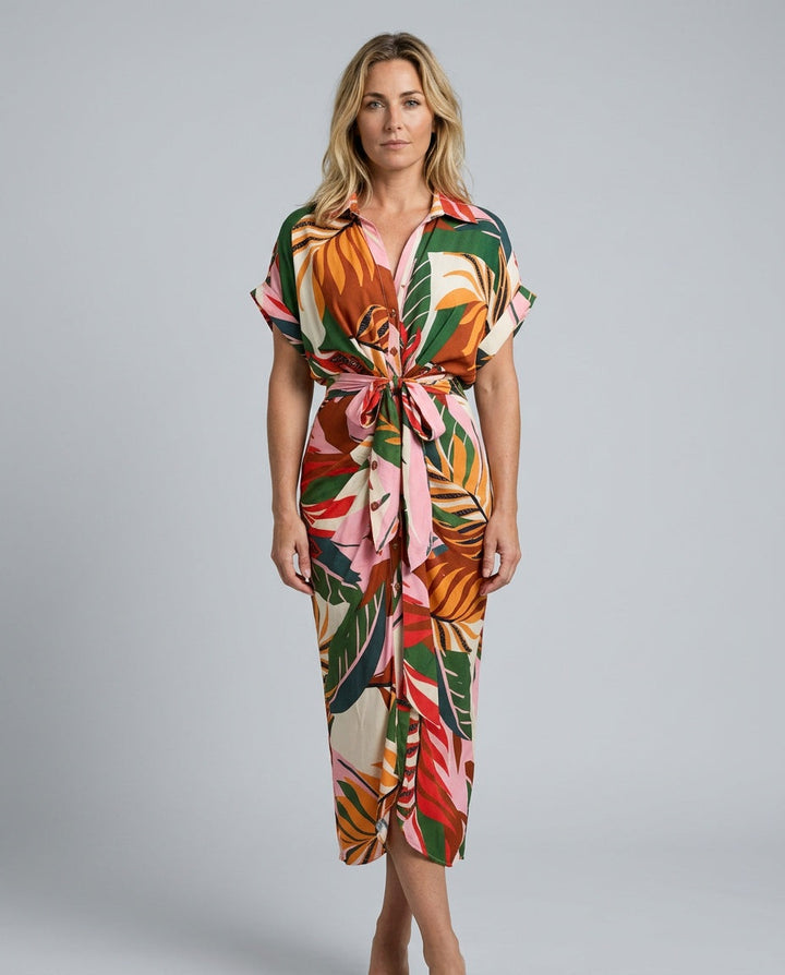 Celeste | Belted Short Sleeve Midi Shirt Dress