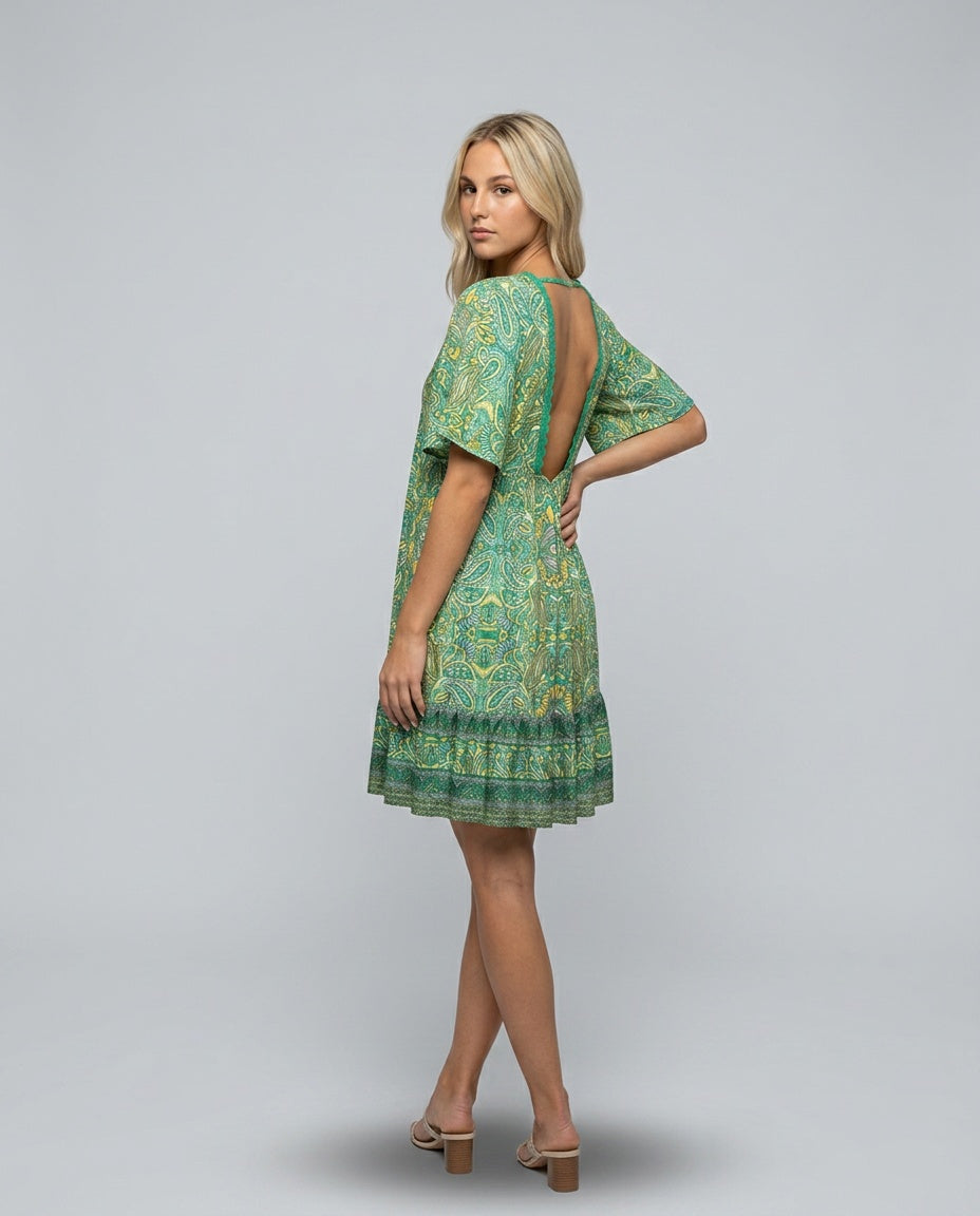 Giselle | V-Neck Flared Sleeve Paisley Mini Dress