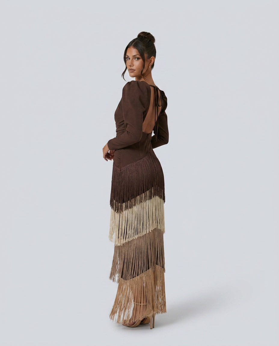 Vera | Fringe Detail Long Sleeve Maxi Dress