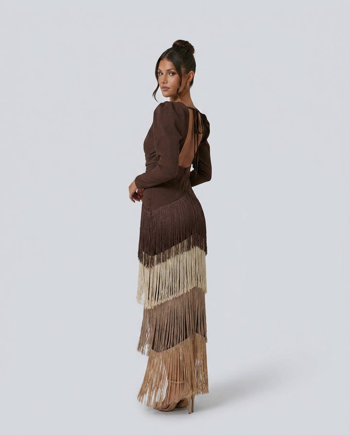 Vera | Fringe Detail Long Sleeve Maxi Dress