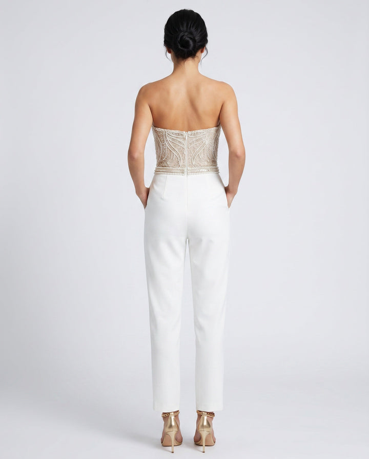 Selène | Strapless Sequin Bodice Straight Leg Jumpsuit
