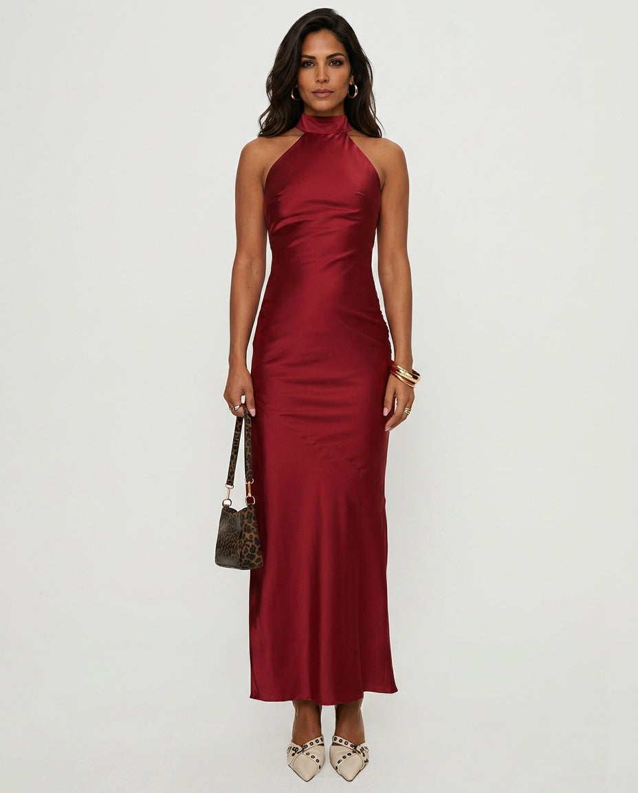 Mordecai | Halter Neck Burgundy Maxi Dress