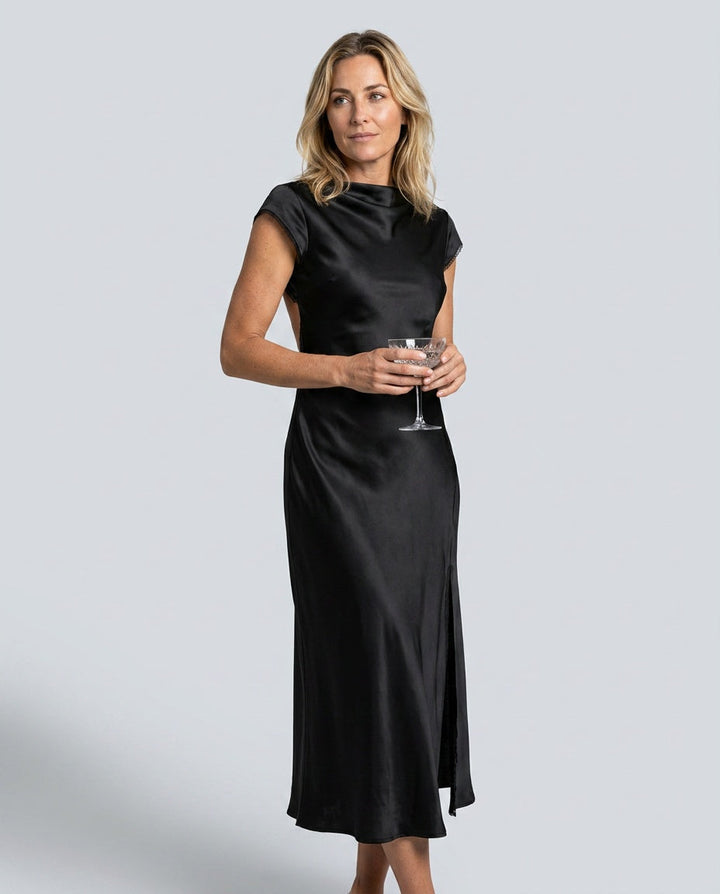 Sienna | Lace-Trim Waterfall Neck Midi Dress