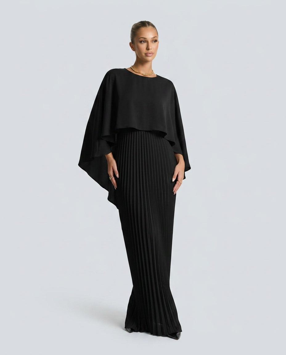 Oryna | Asymmetric Cape Overlay Pleated Maxi Dress