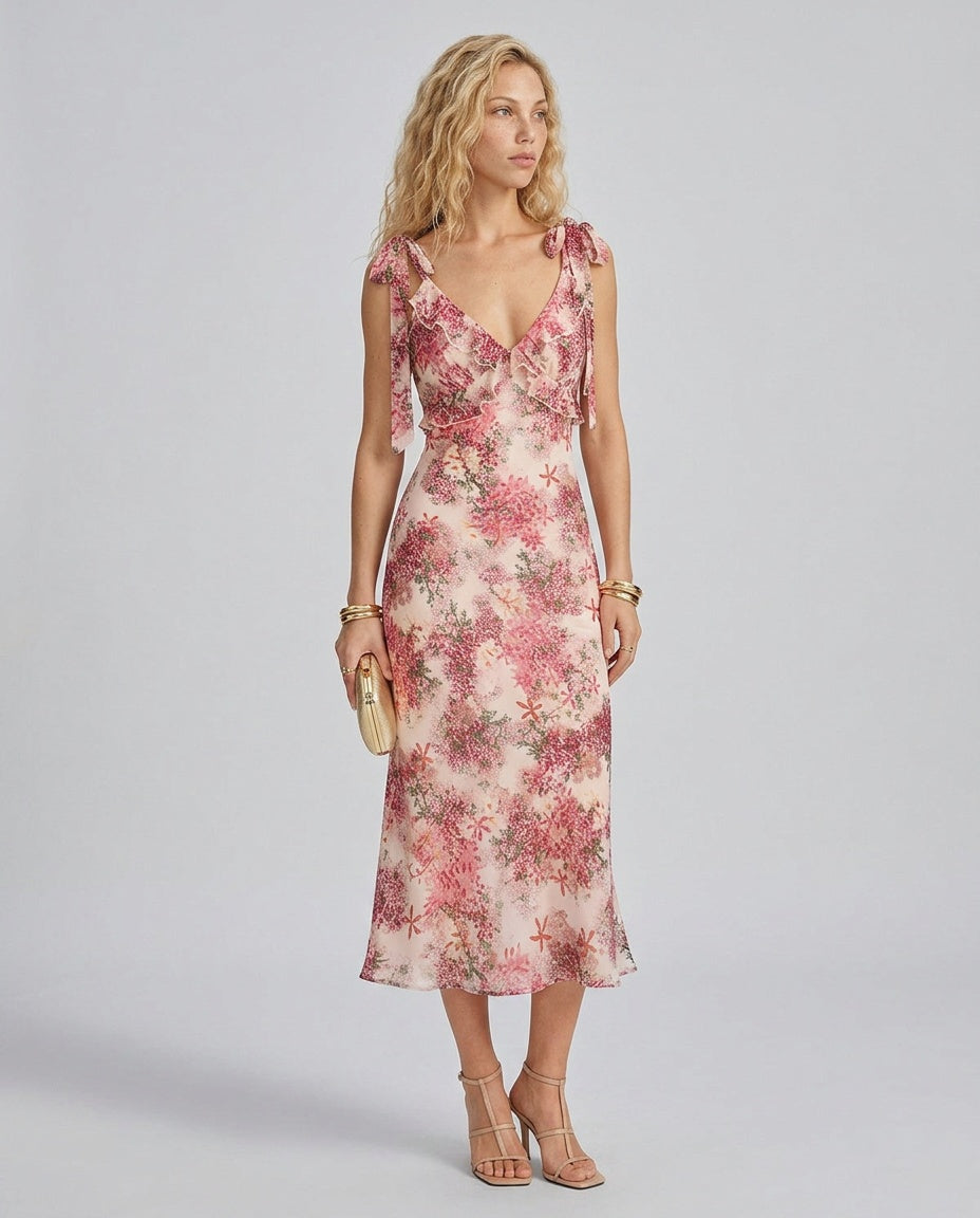Delphine | Floral Ruffle Tie Strap Midi Dress