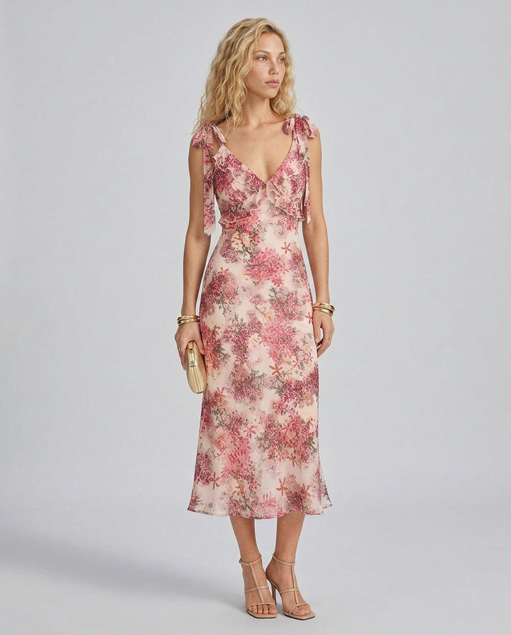 Delphine | Floral Ruffle Tie Strap Midi Dress