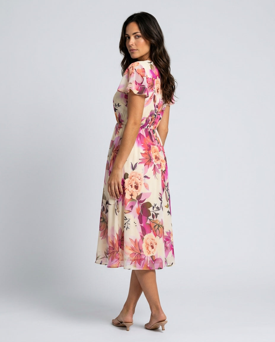 Blossom | Floral Midi with Lace-Up Deep V Neck