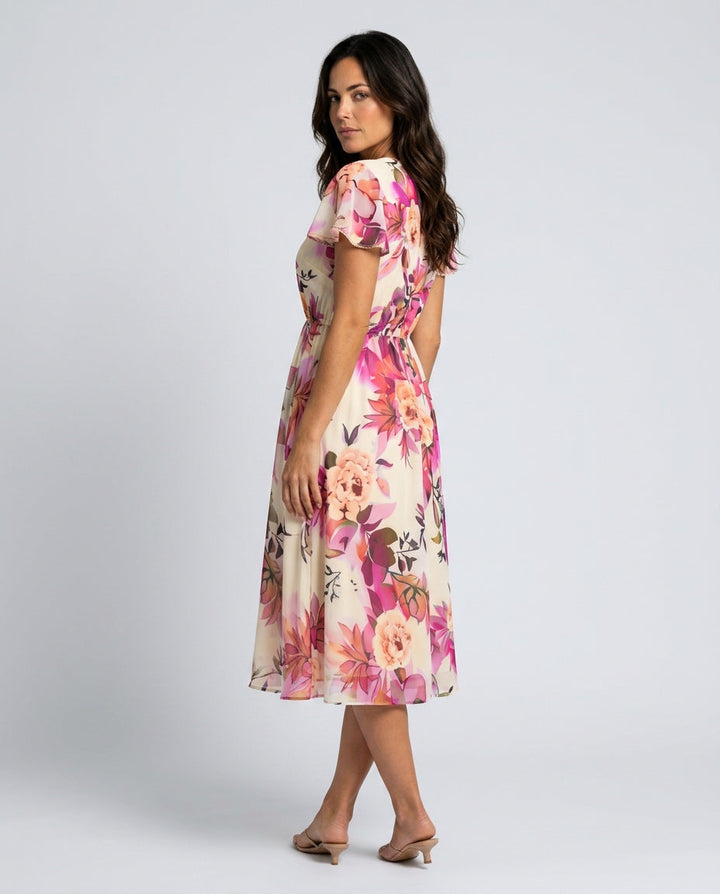 Blossom | Floral Midi with Lace-Up Deep V Neck