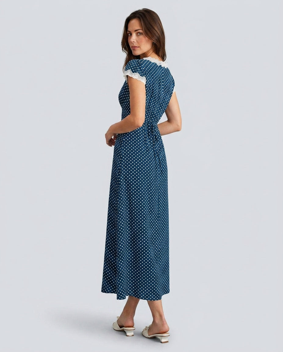 Elodie | V-Neck Polka Dot Lace Ruched Maxi Dress