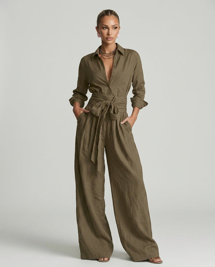 Marlowe | Long-Sleeve Shirt Collar Jumpsuit With Belt