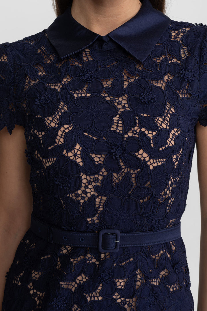 Edith | Collared Lace Belted Midi Dress