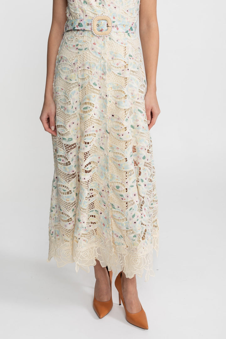 Fleur | Halter Neck Belted Lace Midi Dress