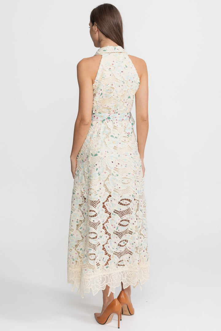 Fleur | Halter Neck Belted Lace Midi Dress