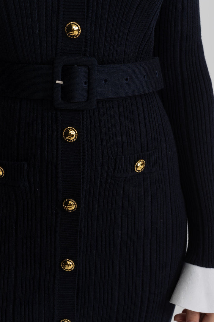 Sable | Ribbed Knit Gold Button Midi Dress