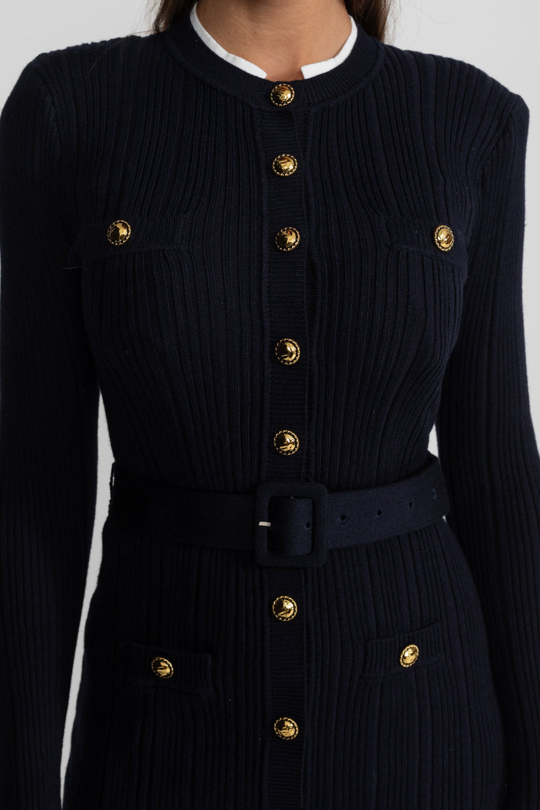 Sable | Ribbed Knit Gold Button Midi Dress