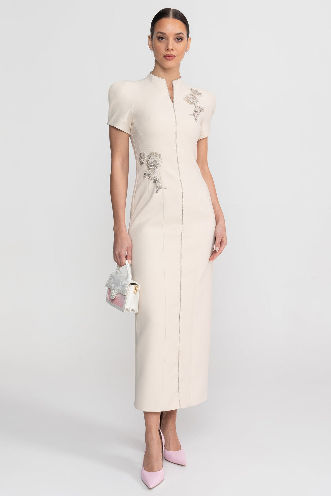 Darya | Short Sleeve Sparkling Embellished Midi Dress