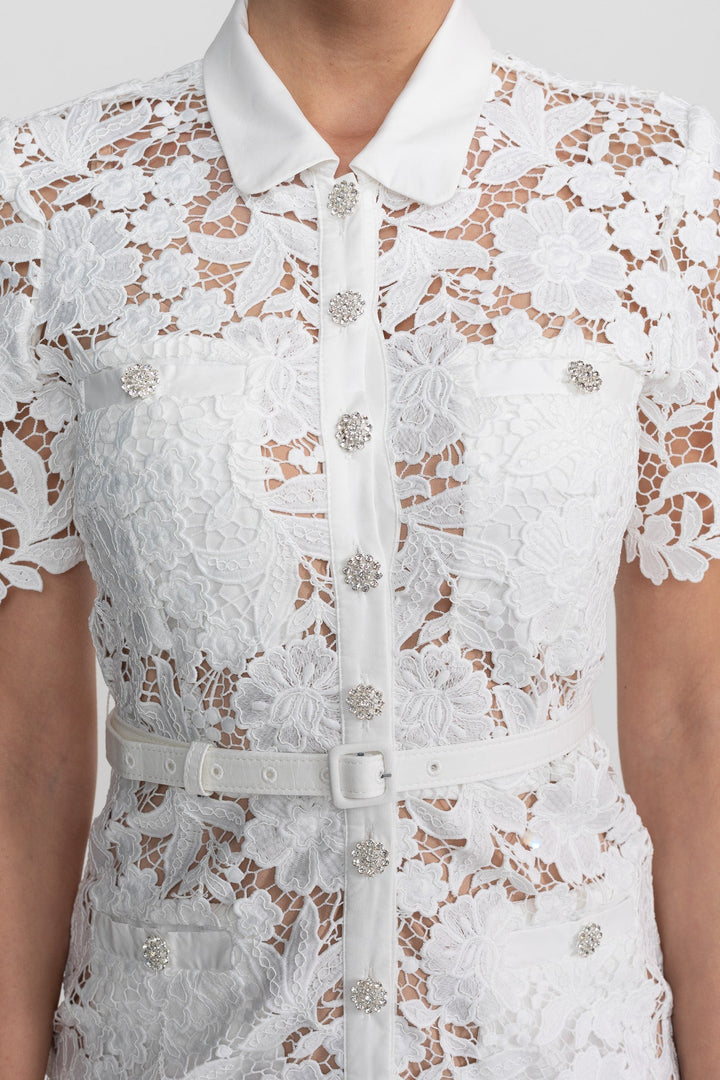 Faye | Lace Short Sleeve Belted Midi Dress
