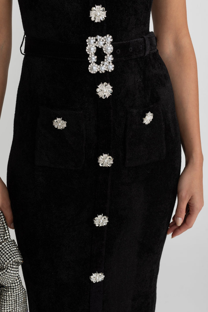 Lucette | Crystal Button Lace Trim Midi Dress