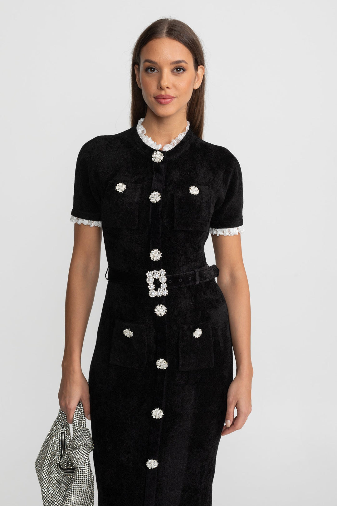 Lucette | Crystal Button Lace Trim Midi Dress