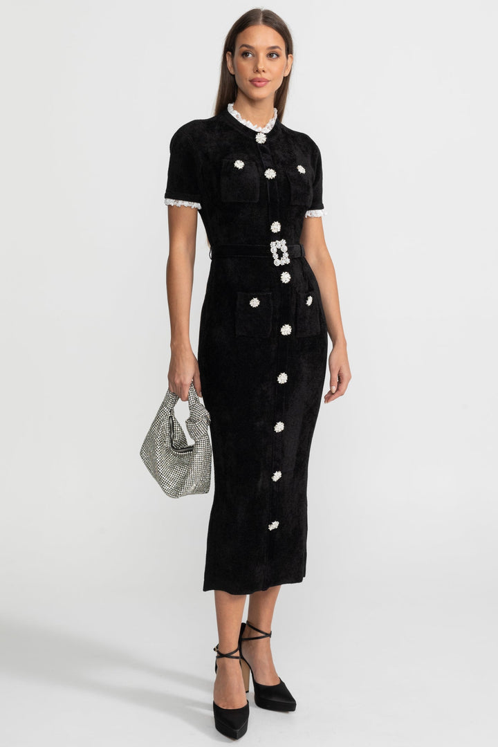 Lucette | Crystal Button Lace Trim Midi Dress
