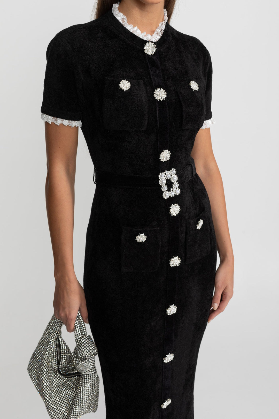 Lucette | Crystal Button Lace Trim Midi Dress
