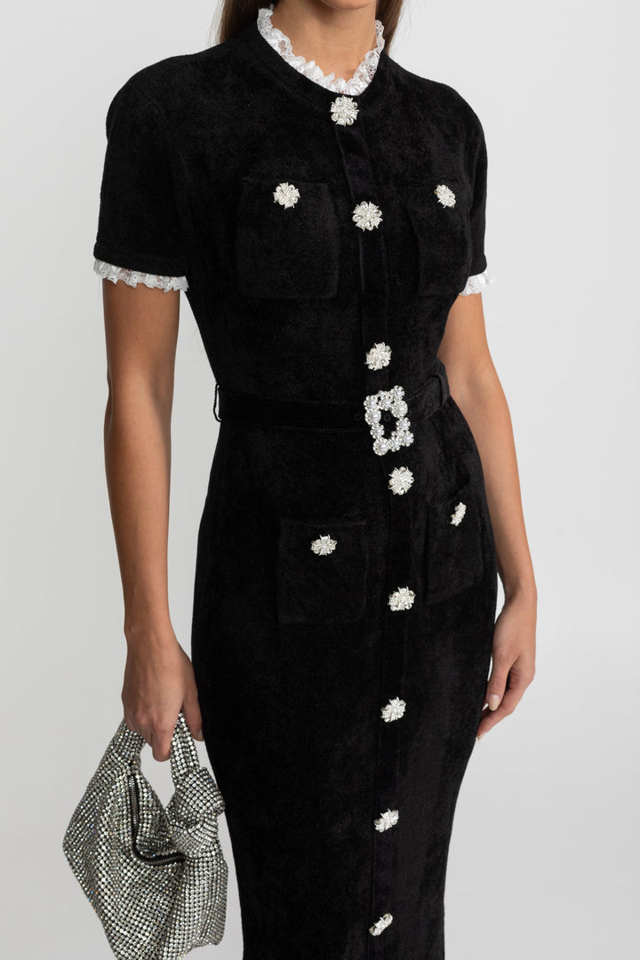 Lucette | Crystal Button Lace Trim Midi Dress