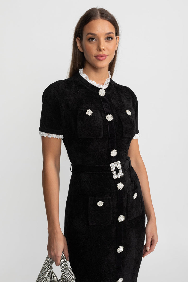 Lucette | Crystal Button Lace Trim Midi Dress