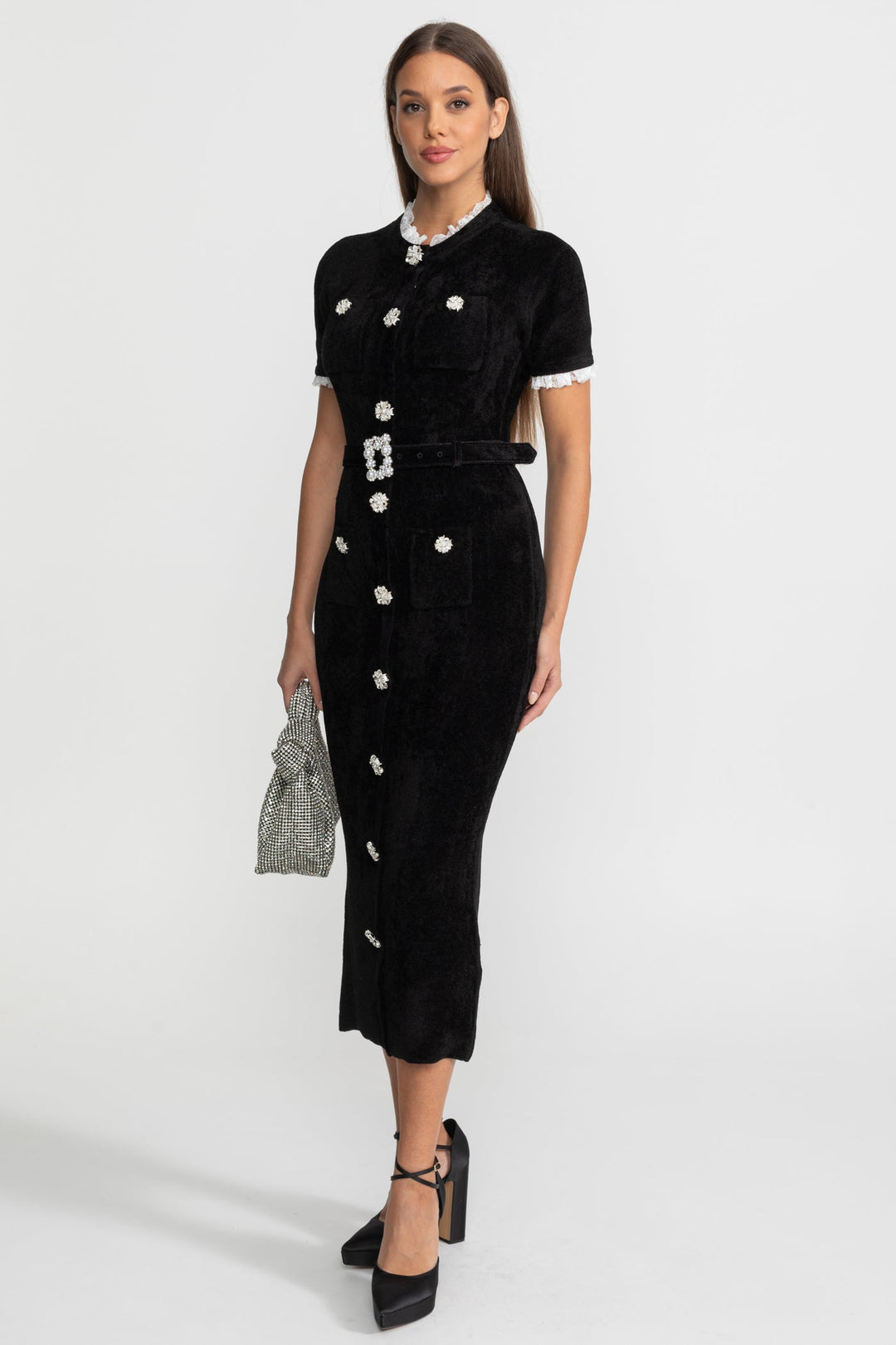 Lucette | Crystal Button Lace Trim Midi Dress
