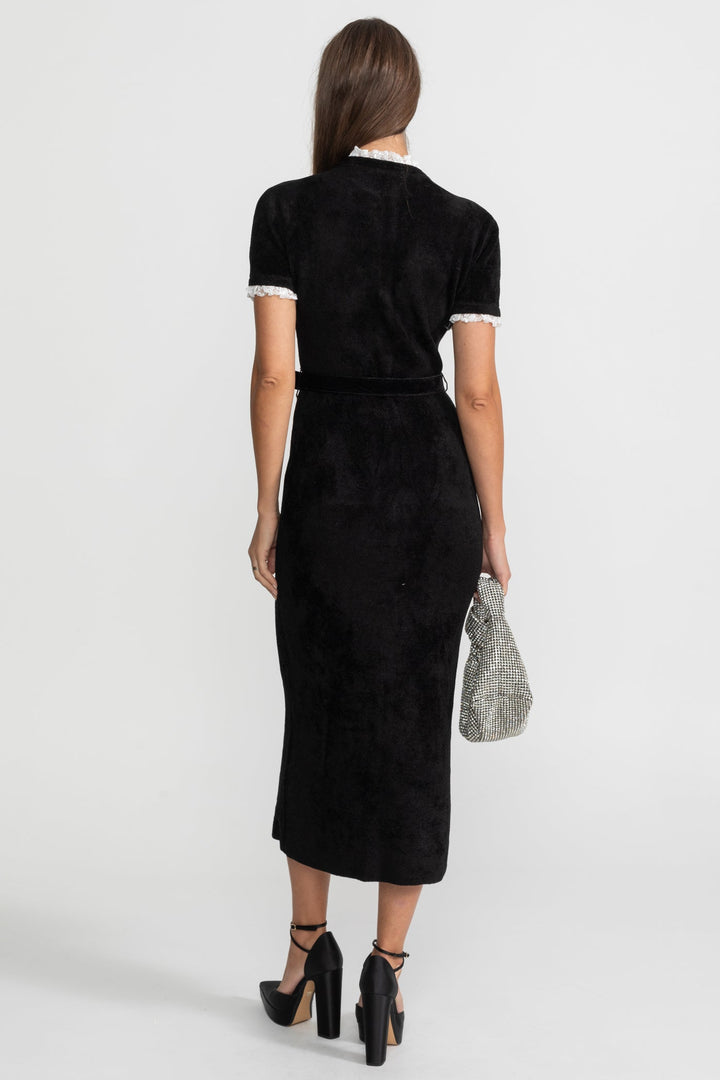 Lucette | Crystal Button Lace Trim Midi Dress