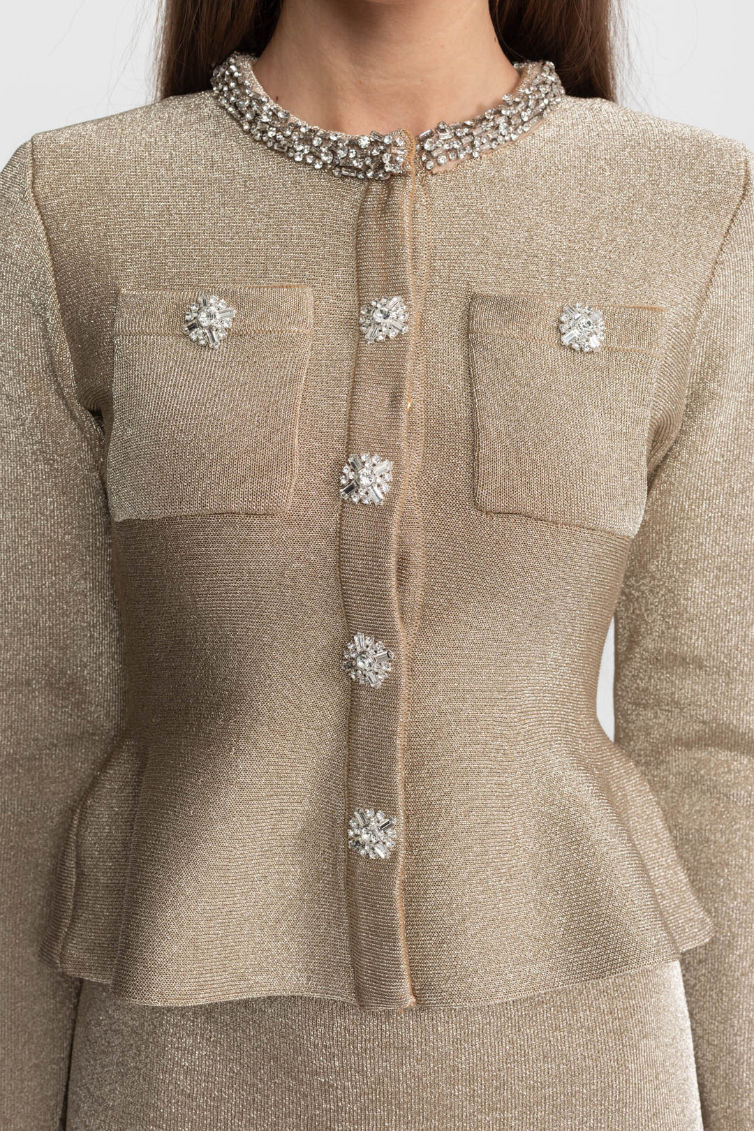 Vivienne | Shimmer Knit Crystal Button Midi Dress