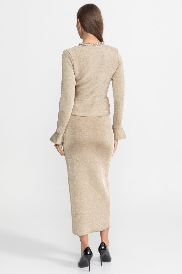 Vivienne | Shimmer Knit Crystal Button Midi Dress